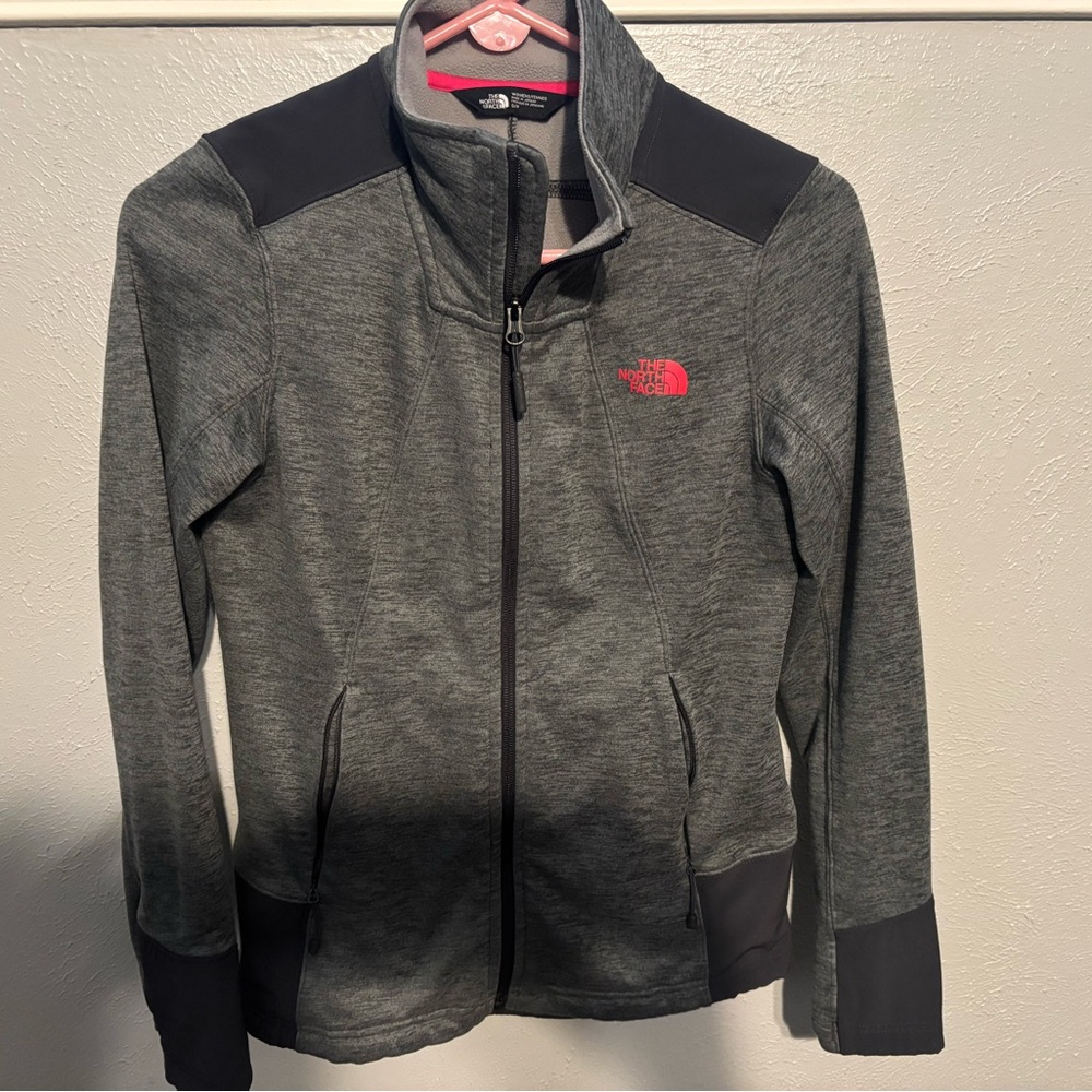 The North Face Charcoal and Black Jacket Women size Small with Pink Logo EUC